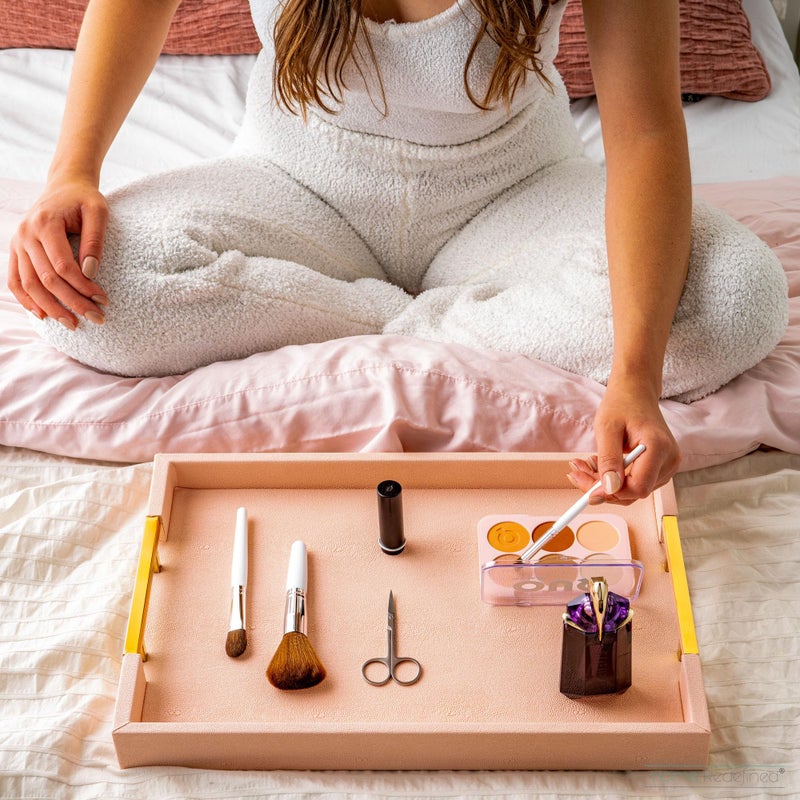 Home Redefined Modern Elegant 17.5"x12" Rectangle Baby Pink Tray Glossy Shagreen Faux Leather Decorative Ottoman Coffee Table Perfume Dresser Kitchen Serving Tray with Gold Polished Metal Handles. - Image 4